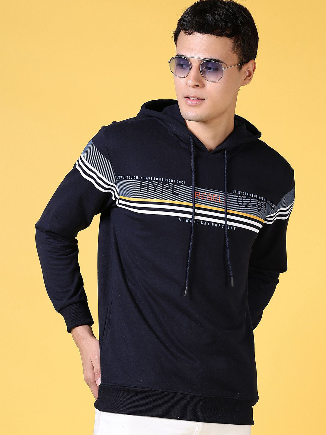

V-Mart Men Printed Hooded Sweatshirt, Navy blue