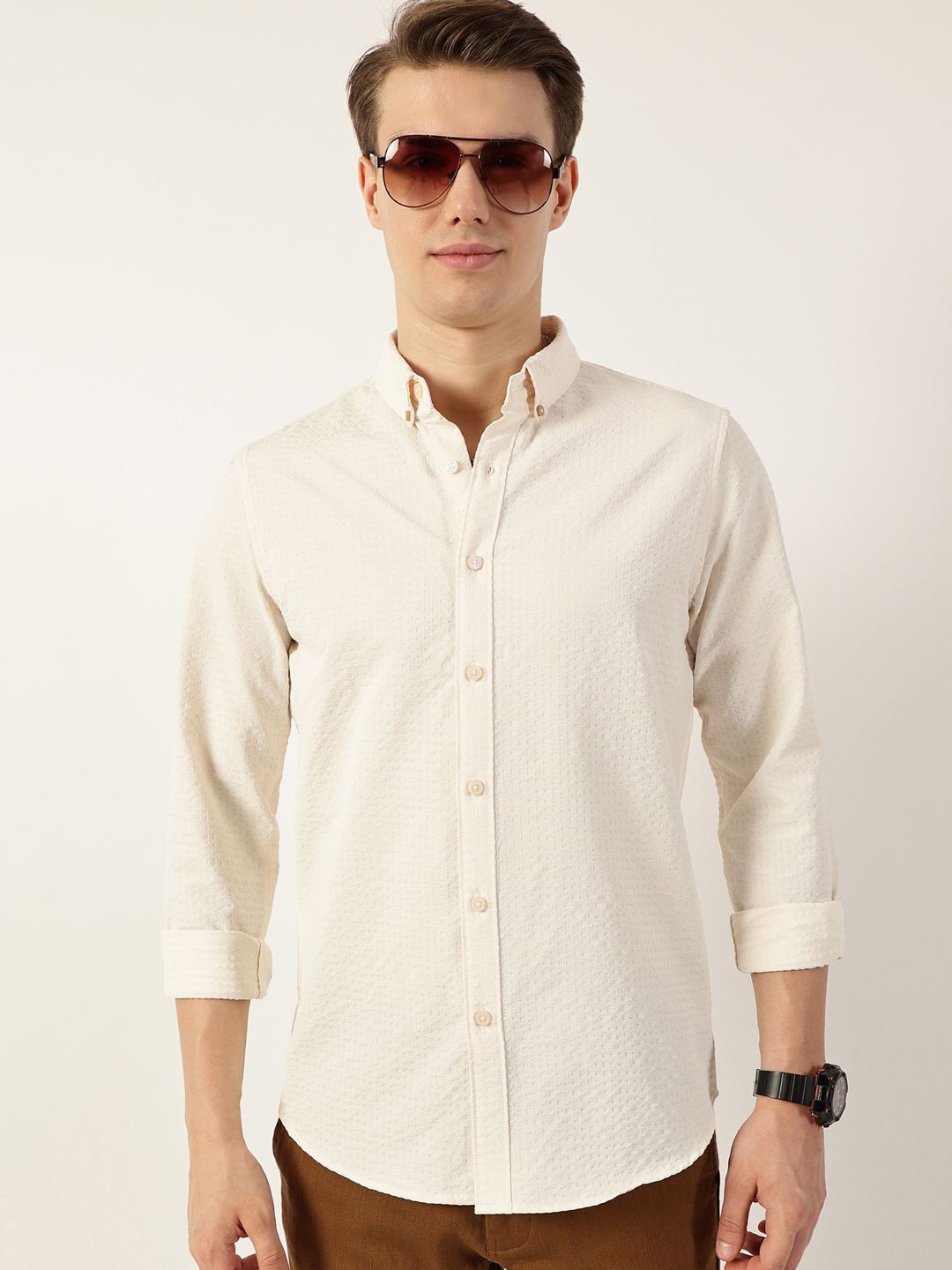 

Thomas Scott Men Smart Button-Down Collar Textured Solid Slim Fit Casual Shirt, White