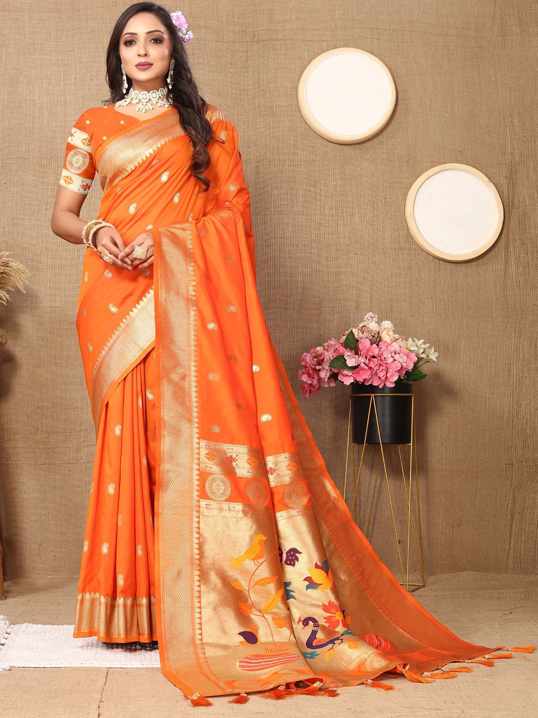 

Anaita Woven Design Zari Silk Blend Paithani Saree, Orange