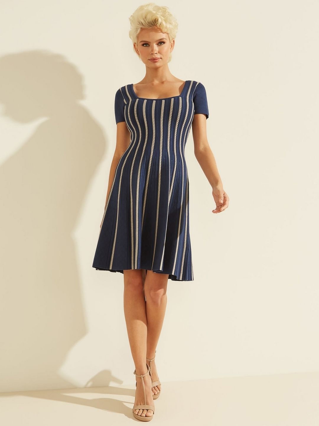 

GUESS Puff Sleeve Fit & Flare Dress, Blue