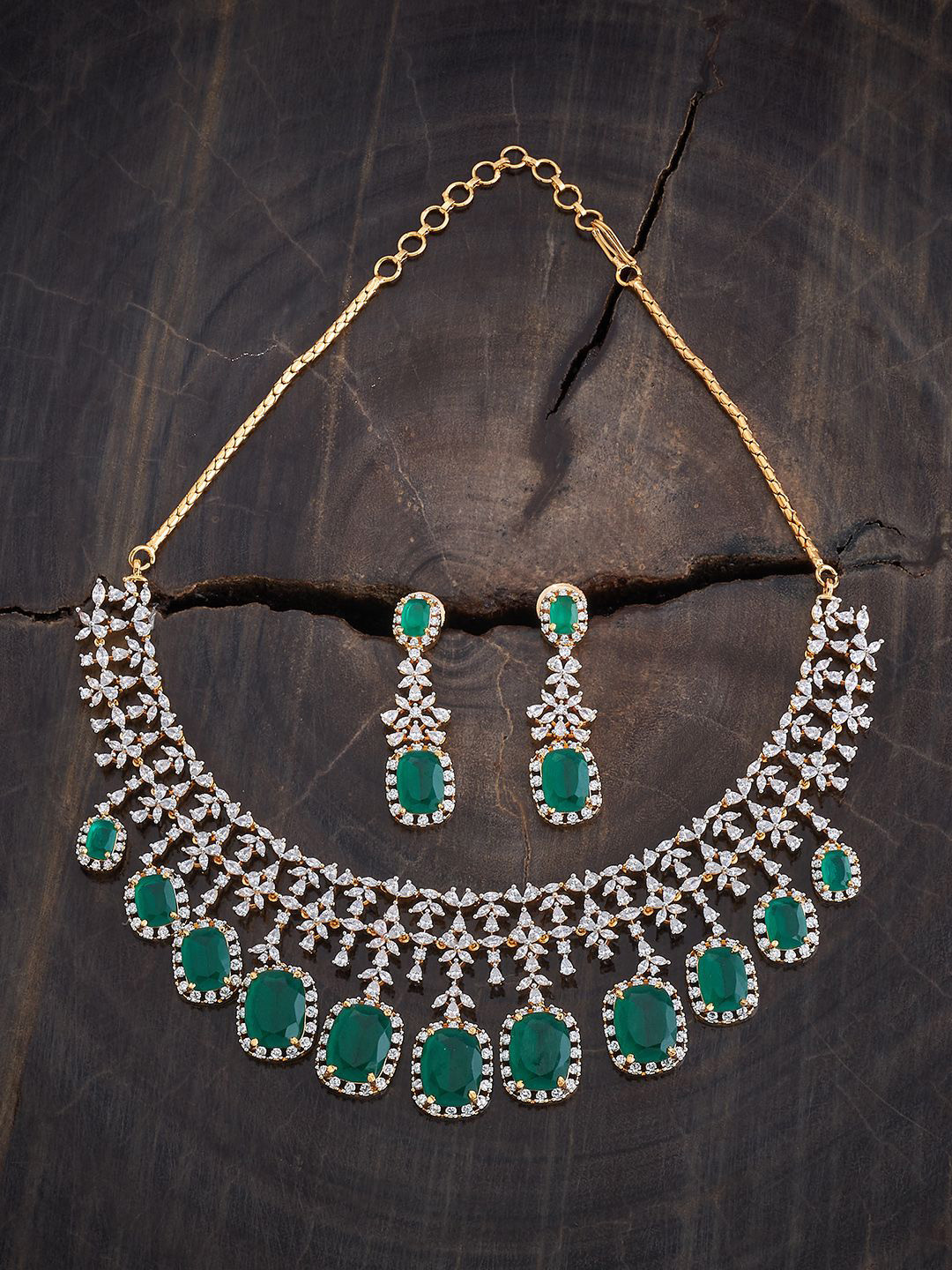 

Kushal's Fashion Jewellery Rhodium-Plated Cubic Zirconia Stone-Studded Jewellery Set, Green