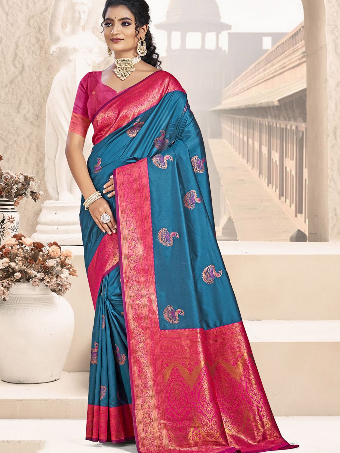

SANGAM PRINTS Woven Design Zari Silk Blend Tussar Saree, Blue