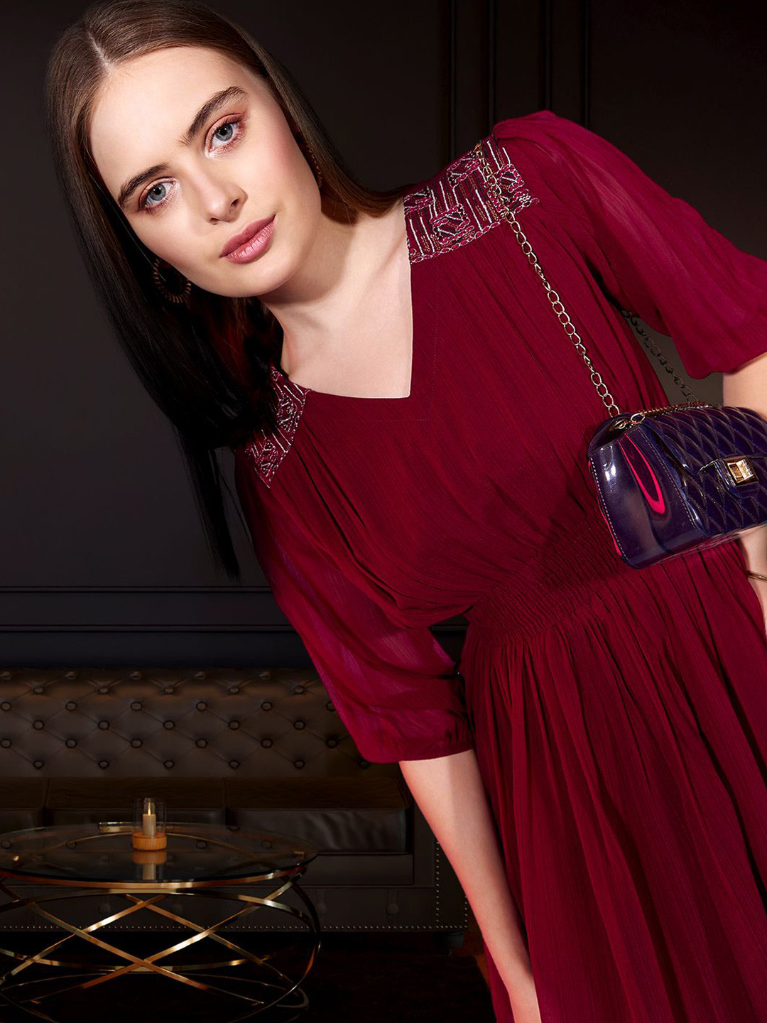 

DressBerry Embellished Embroidered Puff Sleeve Georgette Fit & Flare Dress, Purple