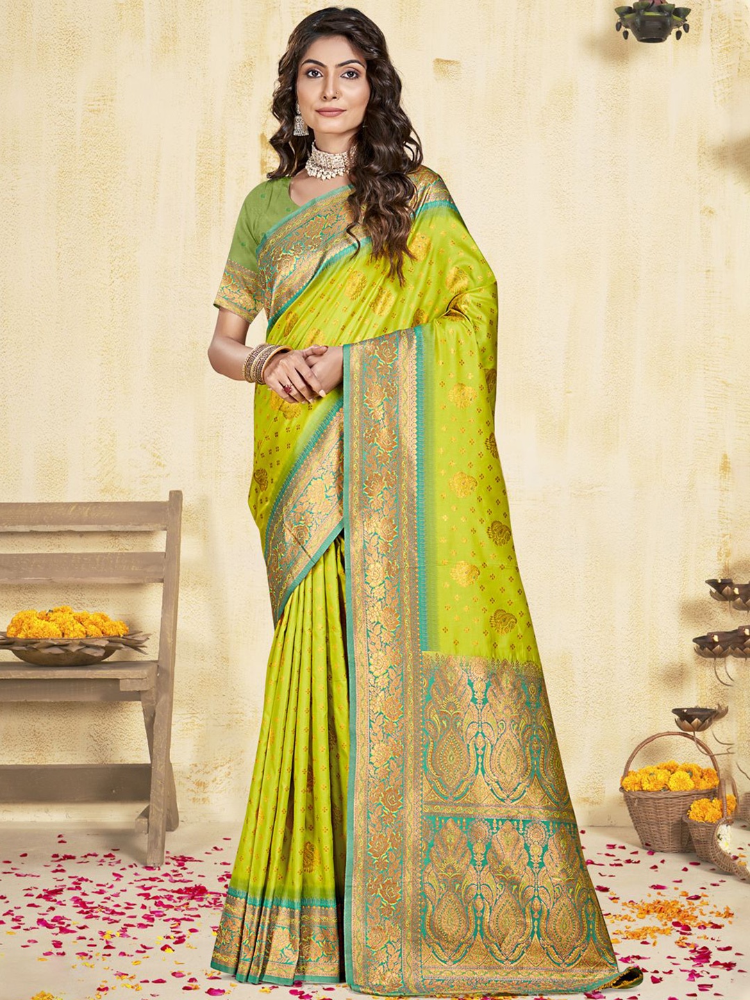 

SANGAM PRINTS Woven Design Zari Silk Blend Tussar Saree, Sea green