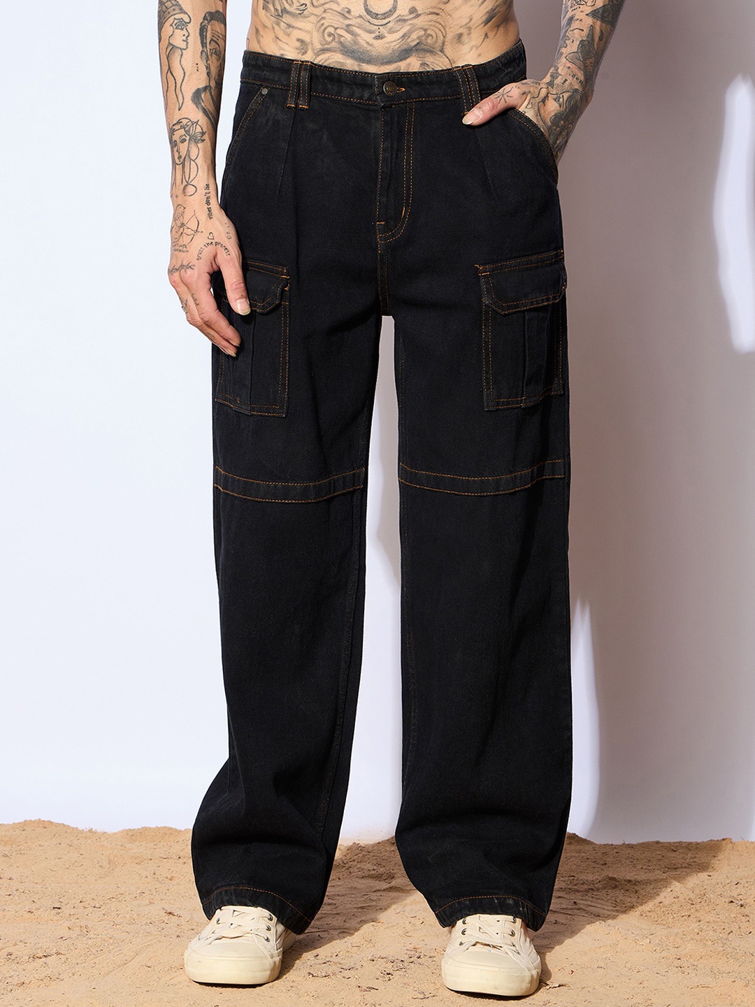 

MASCLN SASSAFRAS Men Comfort Wide Leg Jeans, Black