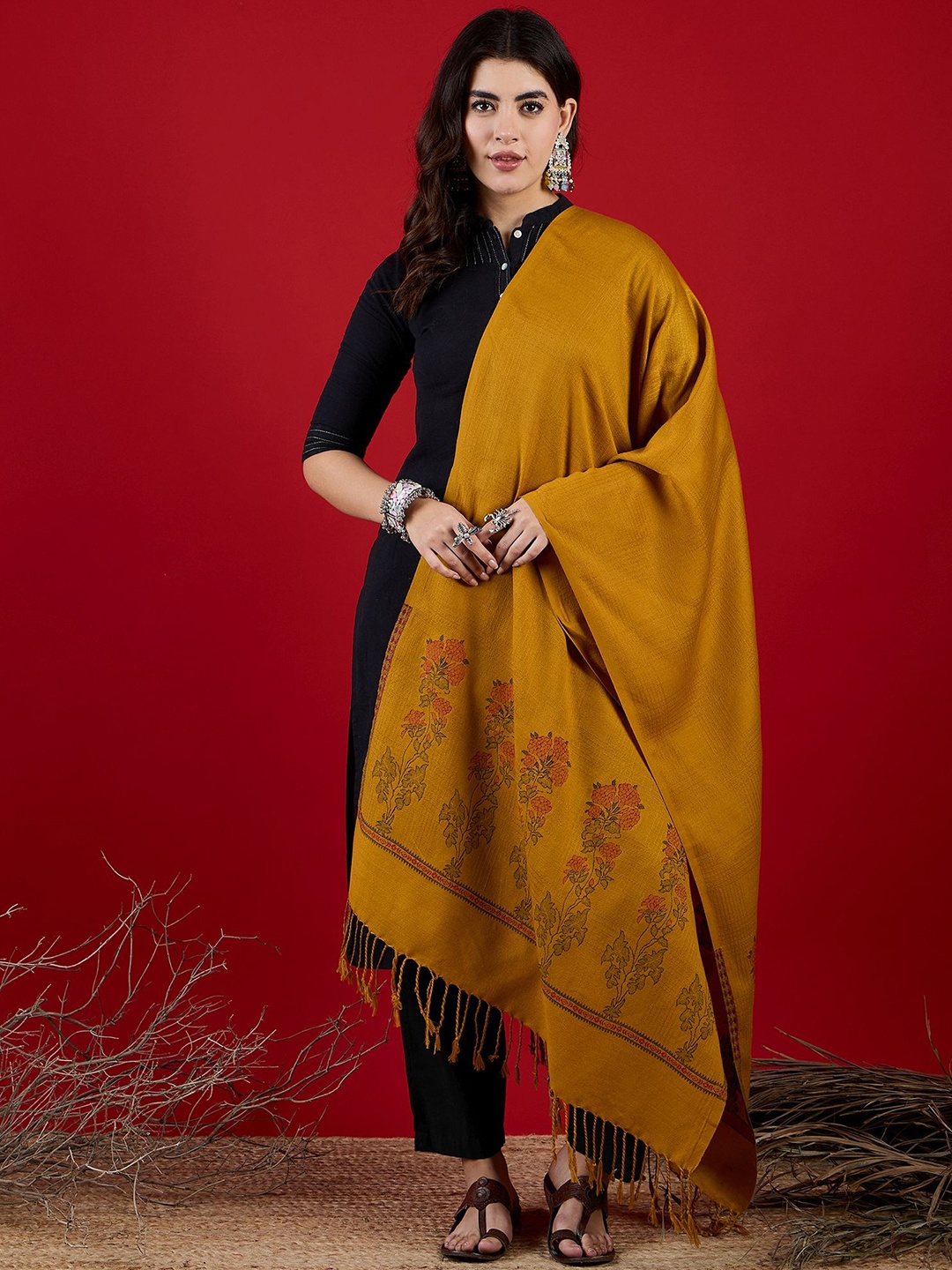 

SAHASIKA Floral Motifs Woven Design Shawl, Mustard