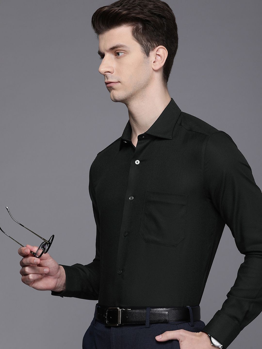 

Louis Philippe Textured Classic Fit Opaque Pure Cotton Formal Shirt, Black
