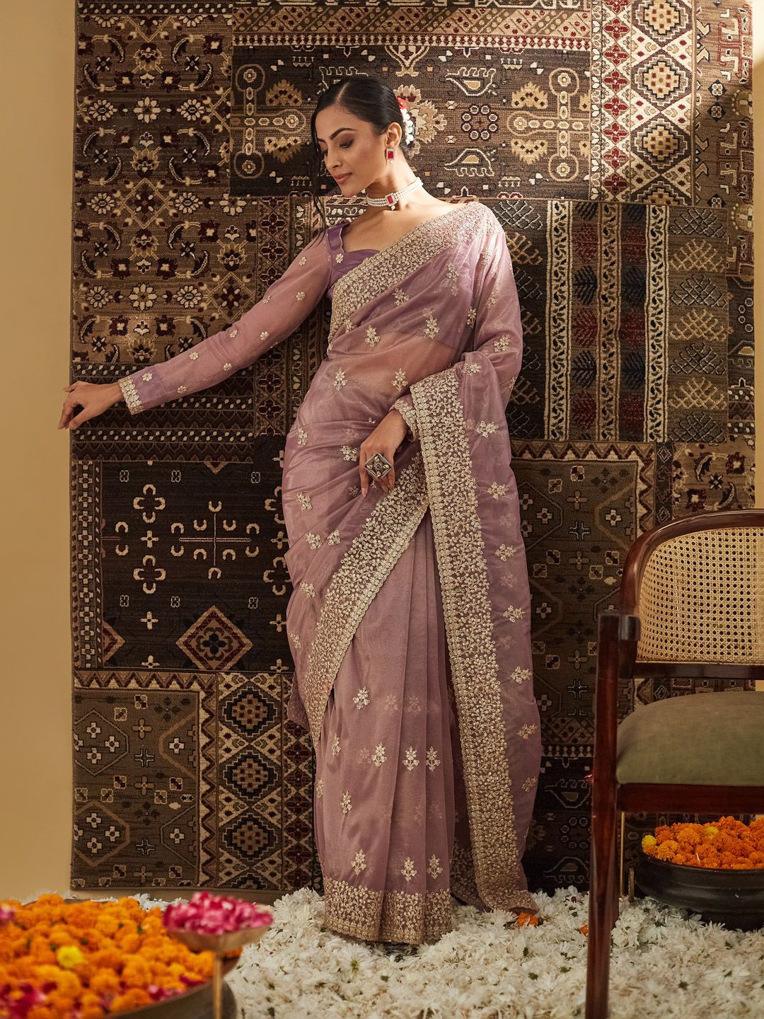

kasee Floral Zardozi Supernet Saree, Lavender