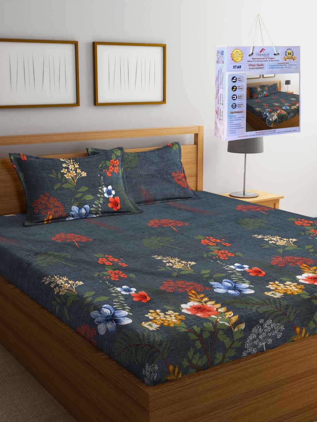

FABINALIV Grey & Red Floral 300 TC King Bedsheet with 2 Pillow Covers 2.50 m x 2.25 m