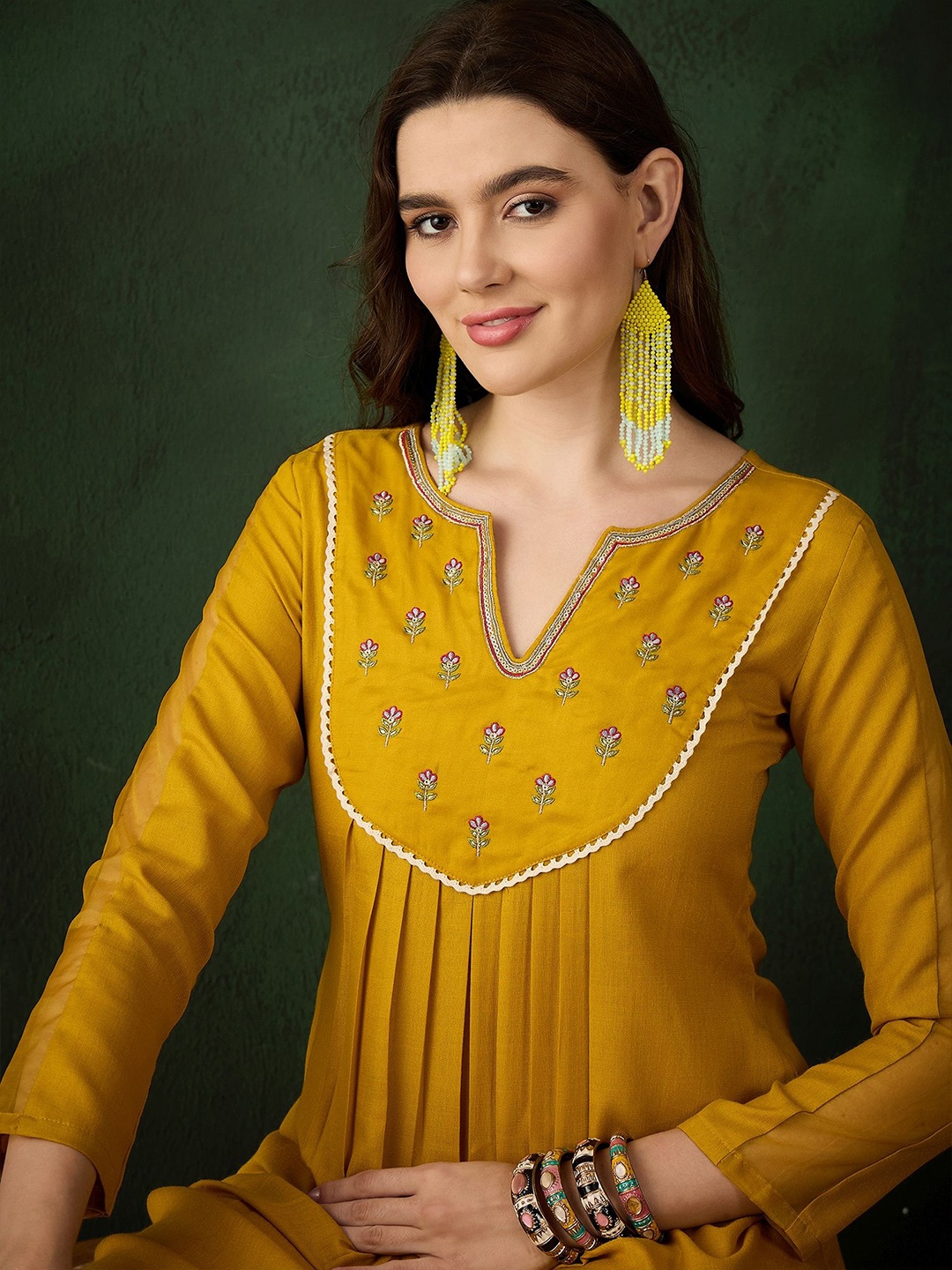 

Sangria Floral Embroidered Thread Work Cotton A-Line Kurta, Yellow