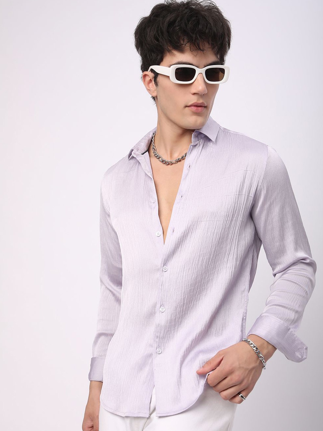 

VASTRADO Men Classic Fit Spread Collar Textured Slim Fit Casual Shirt, Lavender