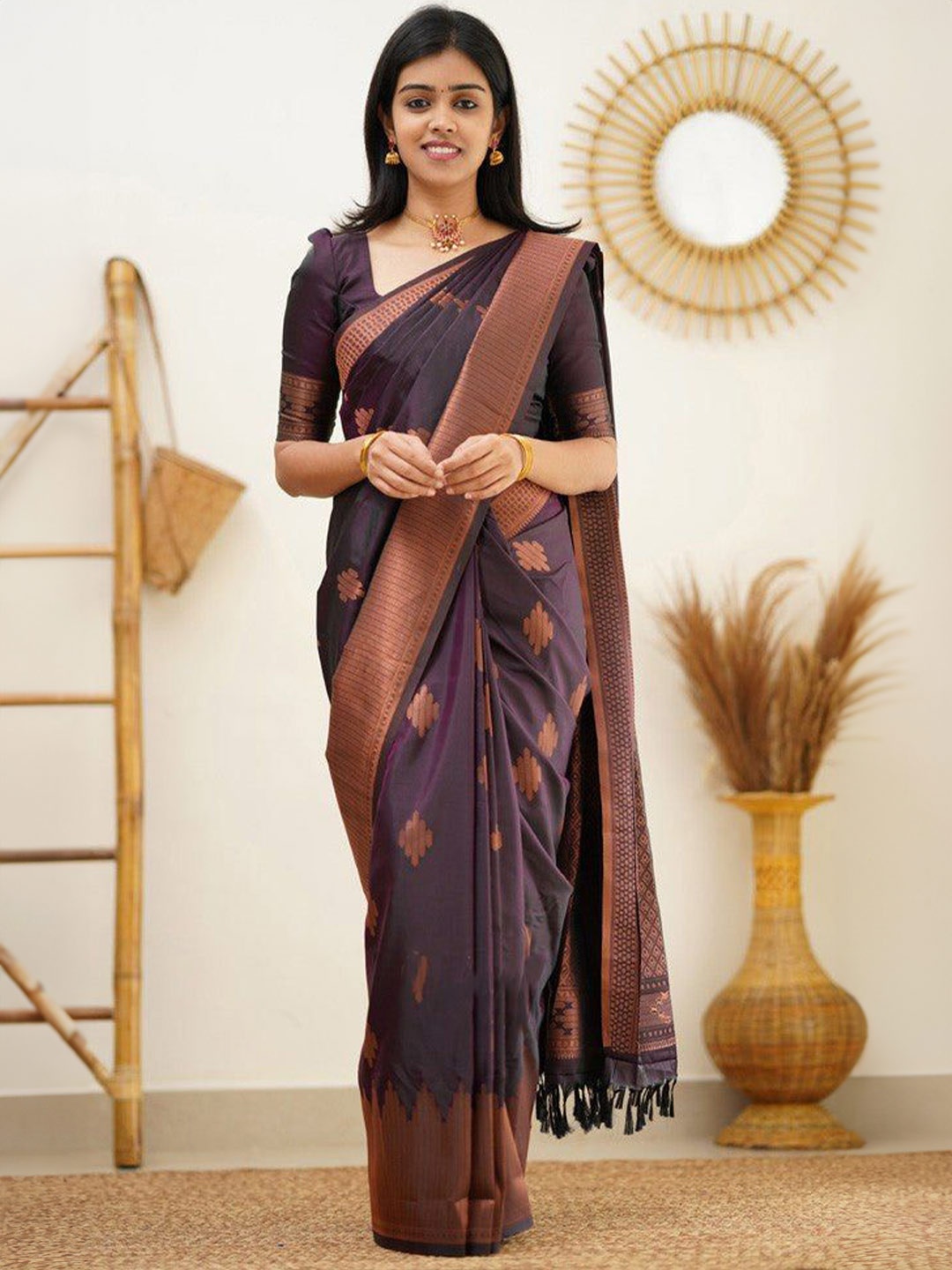 

Jinax Woven Design Zari Pure Silk Banarasi Saree, Purple