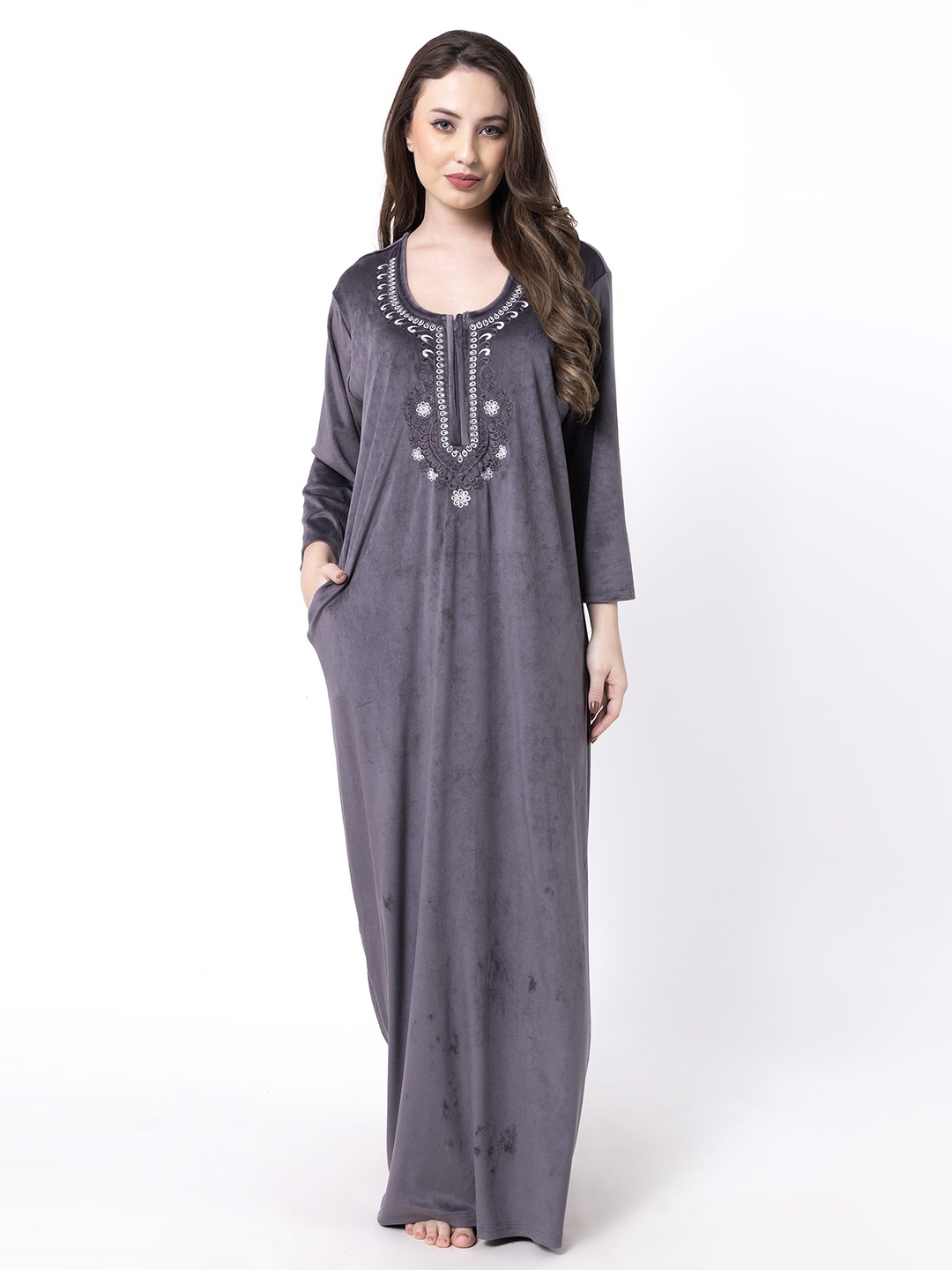 

AVYAY Embroidered Maxi Nightdress, Grey