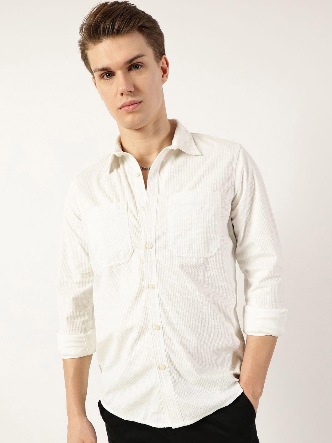 

Thomas Scott Men Classic Spread Collar Textured Slim Fit Casual Shirt, Off white