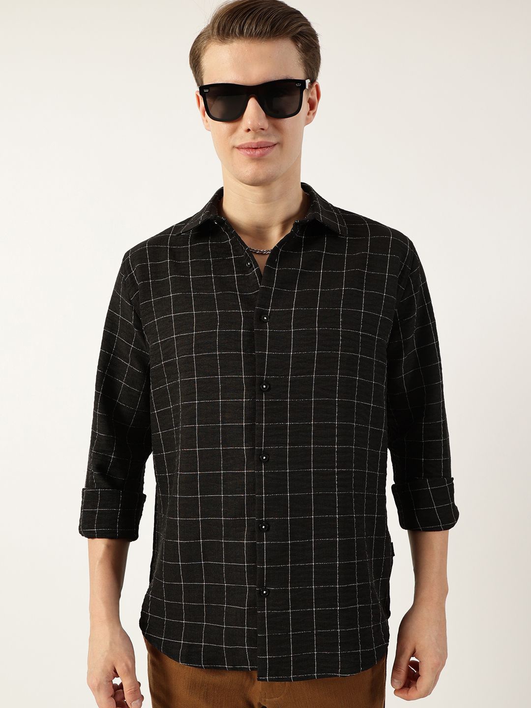 

Thomas Scott Men Smart Spread Collar Windowpane Checked Slim Fit Casual Shirt, Black