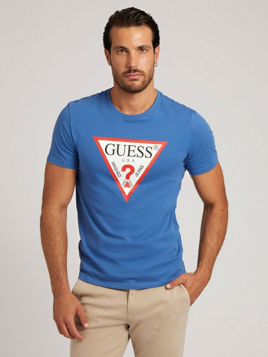 

GUESS Men Printed Pure Cotton Applique T-shirt, Blue