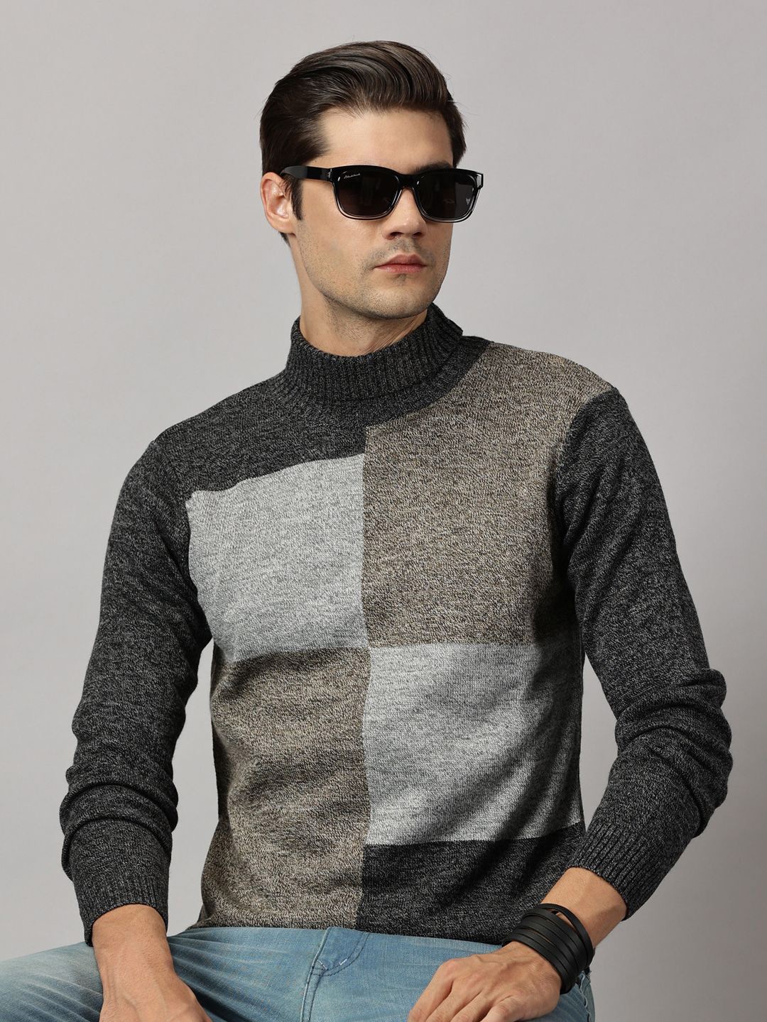 

BLACK BUCK Colourblock Turtle Neck Sweater, Grey