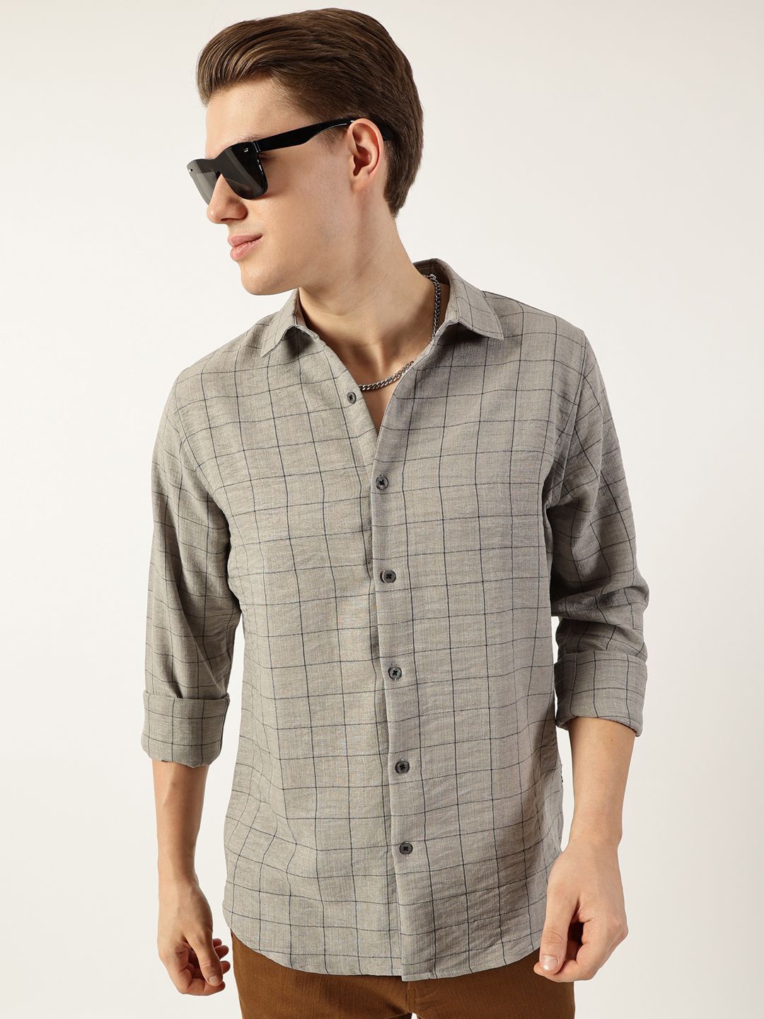 

Thomas Scott Men Smart Spread Collar Windowpane Checked Slim Fit Casual Shirt, Beige