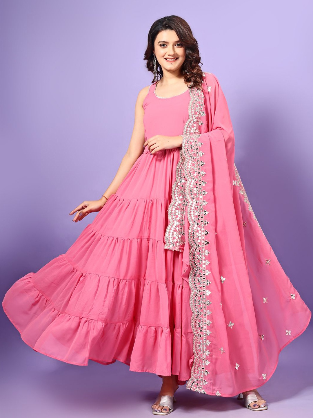 

YOYO Fashion Layered Gotta Patti Gown Ethnic Dress With Dupatta, Pink