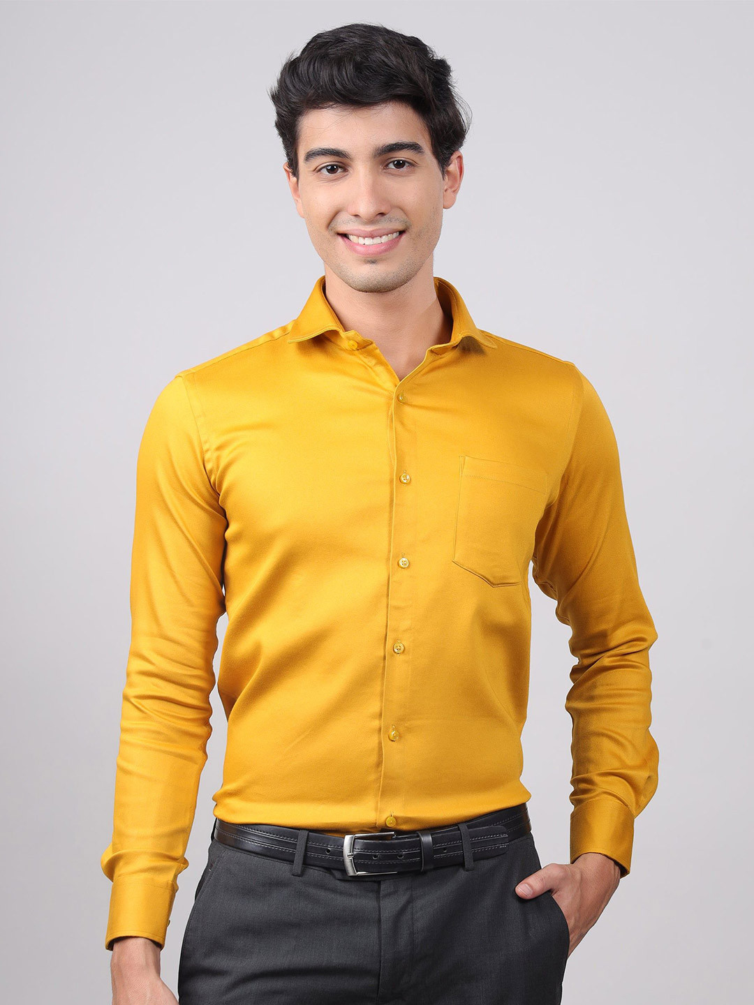 

John Philips Men India Slim Spread Collar Solid Formal Shirt, Mustard