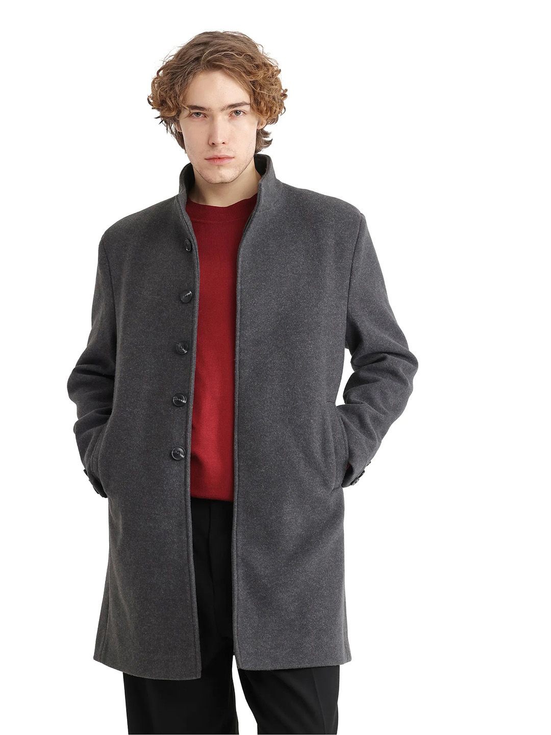 

RARE RABBIT Men Mock Collar Front Open Overcoat, Grey