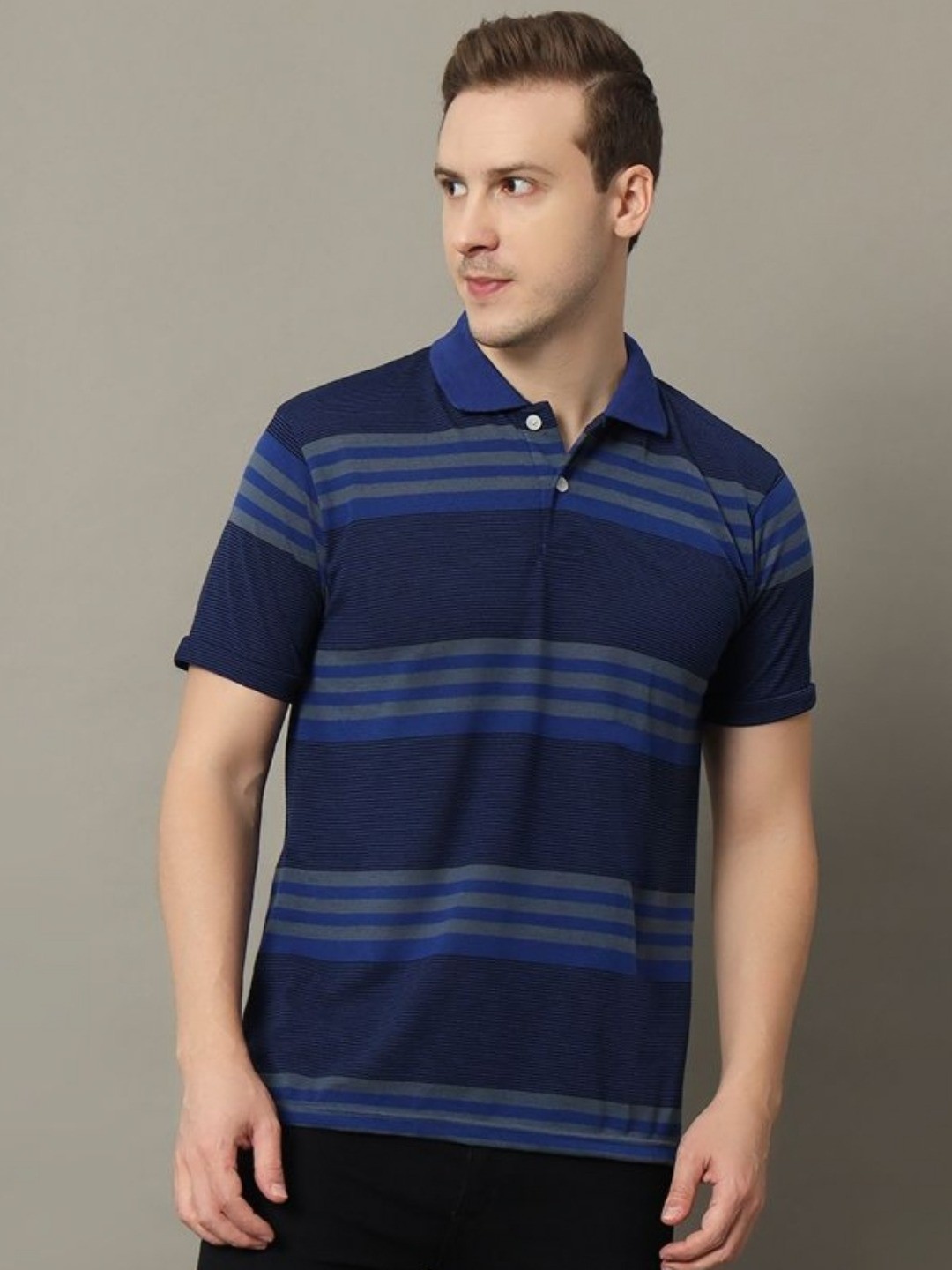 

GET GOLF Men Striped Polo Collar Cotton T-shirt, Blue