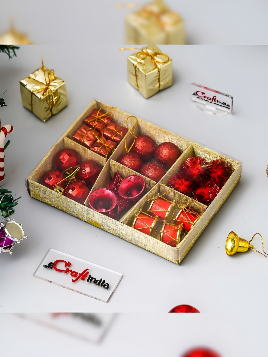 

eCraftIndia Set Of 24 Red Christmas Gifts Balls Bells Drums