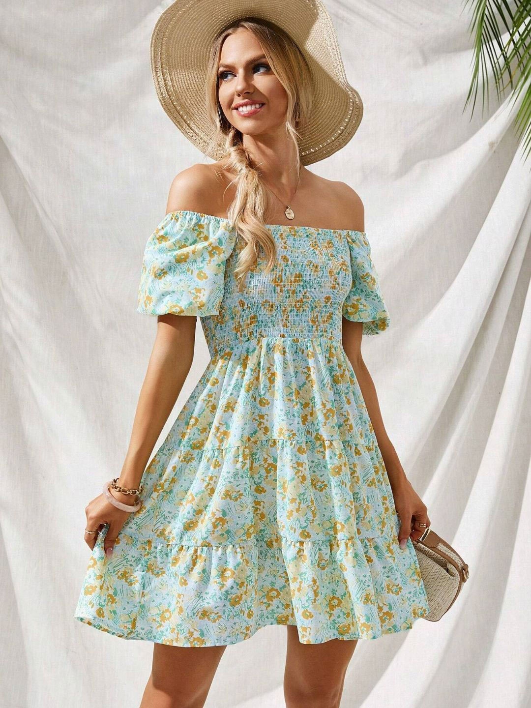 

Oh Rare Floral Print Off-Shoulder Fit & Flare Dress, Green