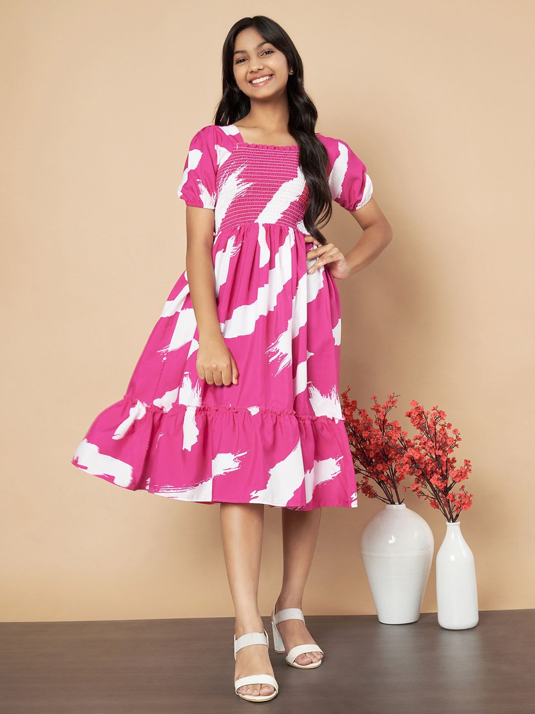 

OTABU Print Puff Sleeve A-Line Midi Dress, Pink