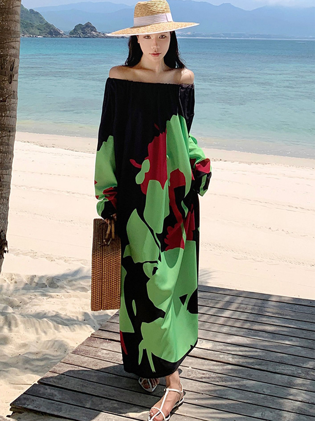 

LULU & SKY Floral Print Off-Shoulder A-Line Maxi Dress, Green