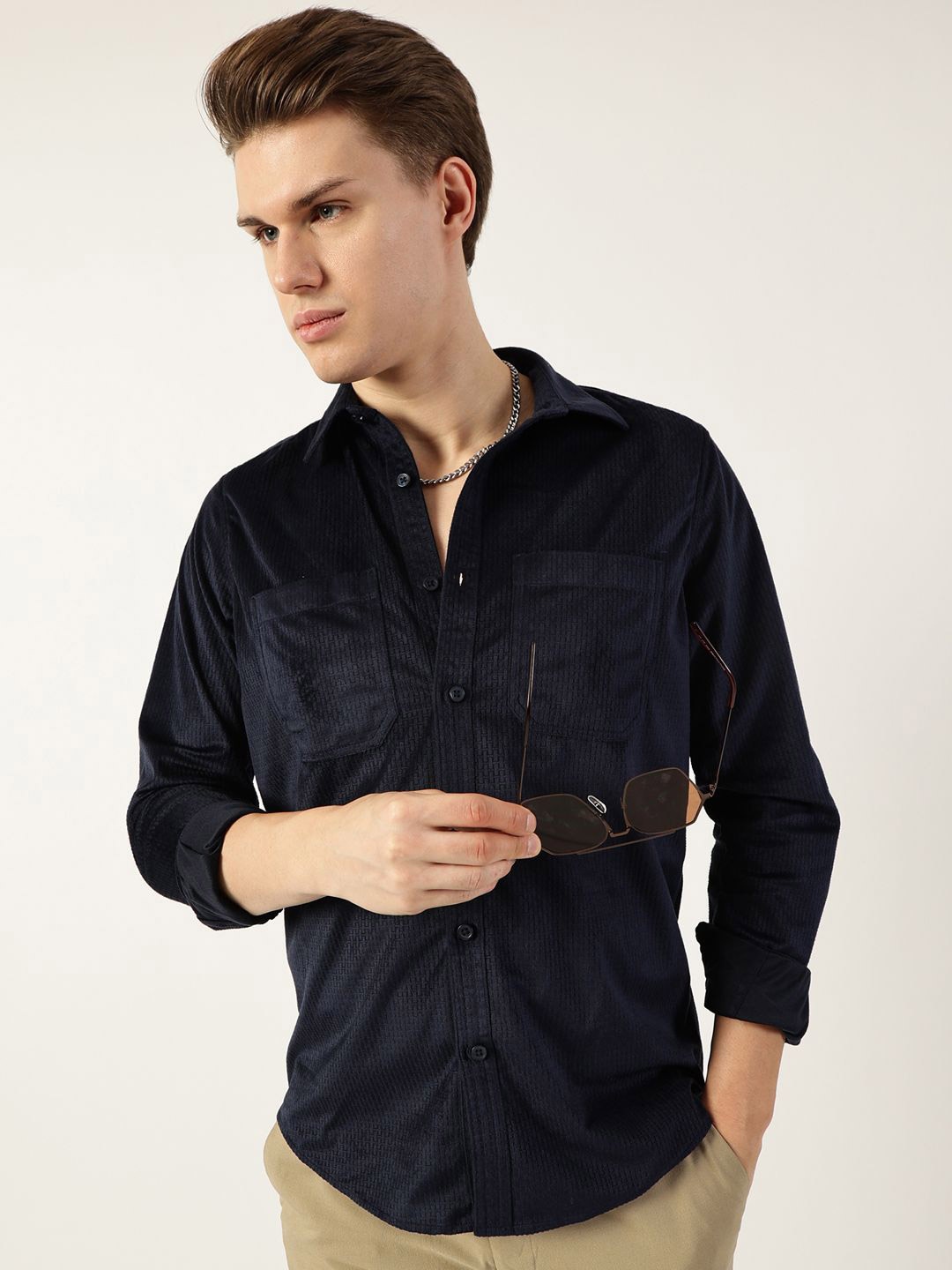 

Thomas Scott Men Classic Spread Collar Textured Slim Fit Casual Shirt, Navy blue