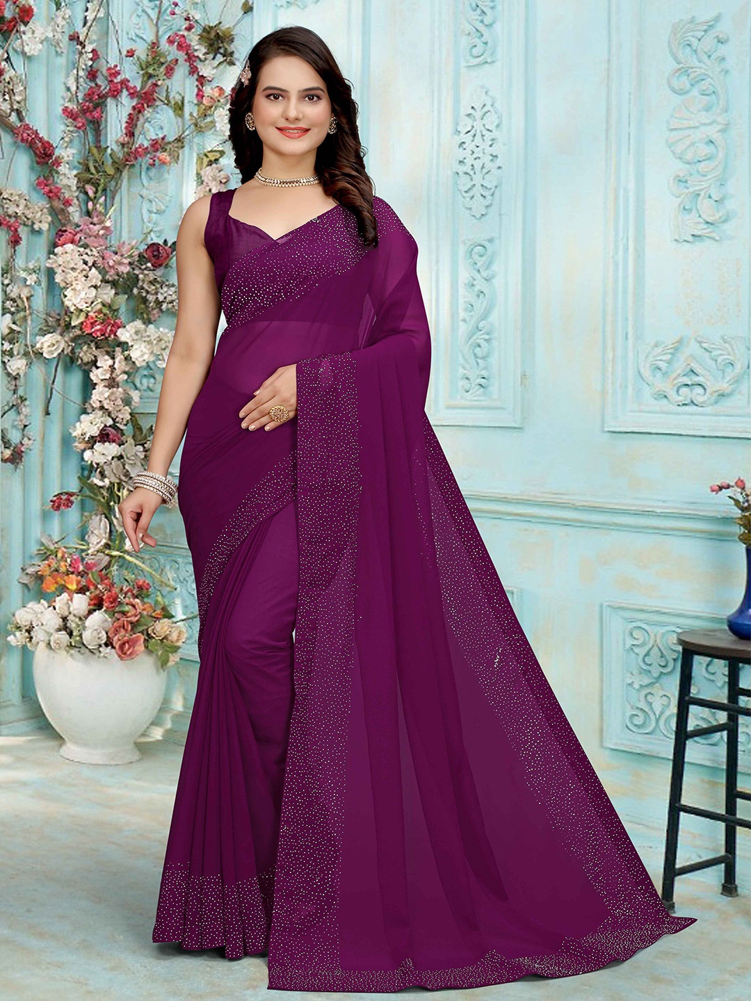

Zeekha Beads and Stones Poly Georgette Heavy Work Kanjeevaram Saree, Purple