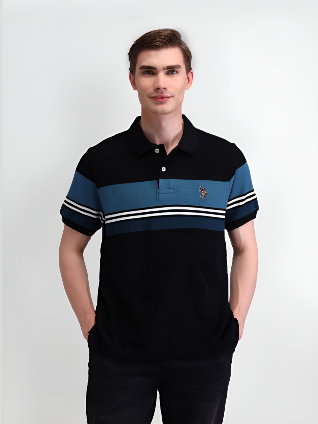 

U.S. Polo Assn. Denim Co. Men Striped Polo Collar Cotton Slim Fit T-shirt, Black