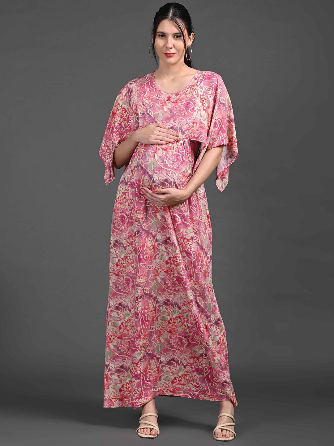 

GOLDSTROMS Ethnic Motifs Print Cape Sleeve Maternity Kaftan Maxi Dress, Pink