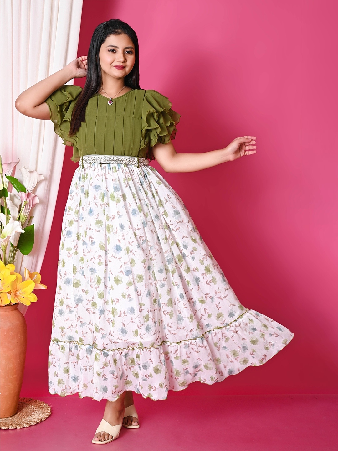 

BAESD Floral Print Chiffon Formal Fit & Flare Maxi Dress, Green