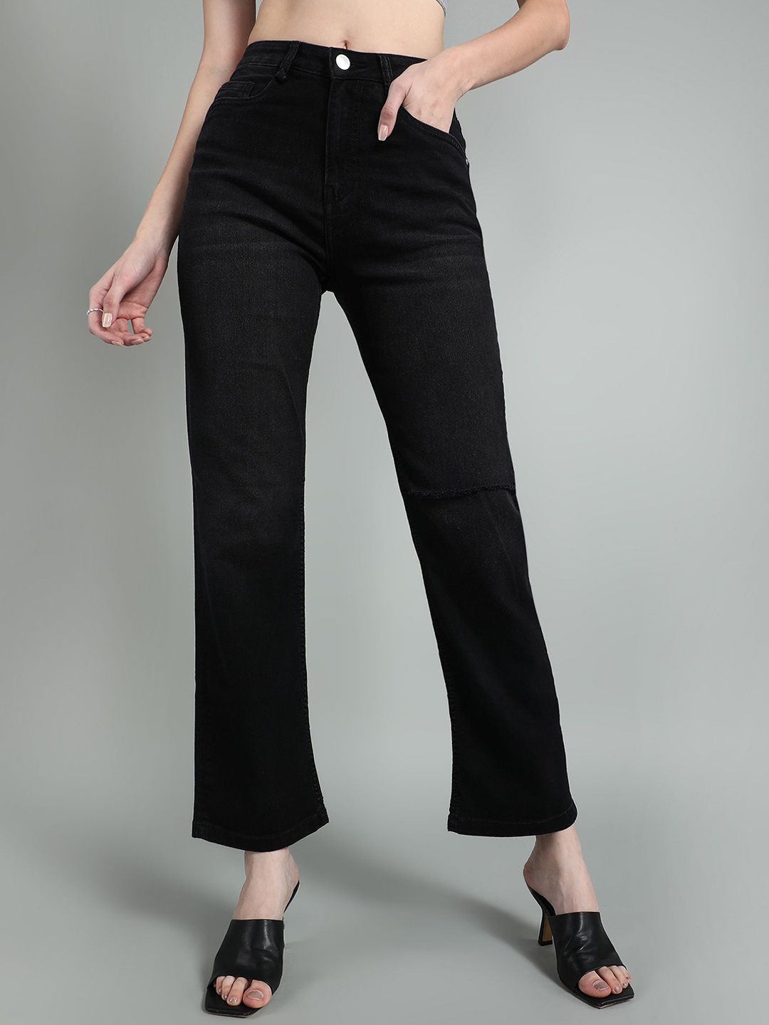 

GUTI Women Flared High-Rise Stretchable Jeans, Black