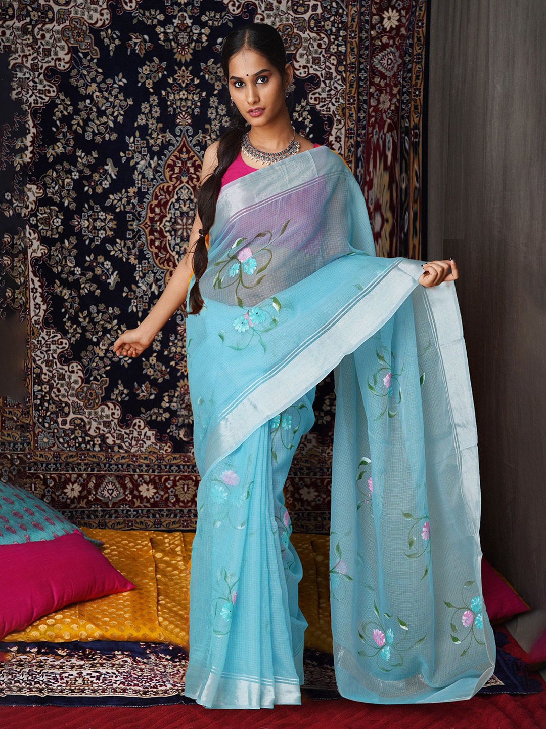 

Unnati Silks Floral Zari Net Designer Kota Saree, Blue
