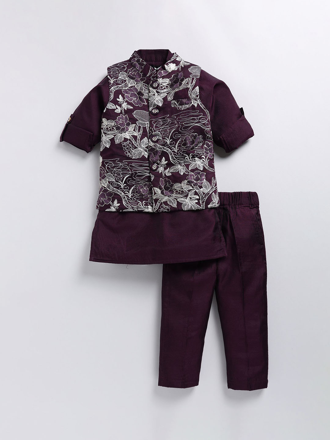 

LITTLE COLLARS Boys Embroidered Regular Thread Work Kurta with Pyjamas, Burgundy