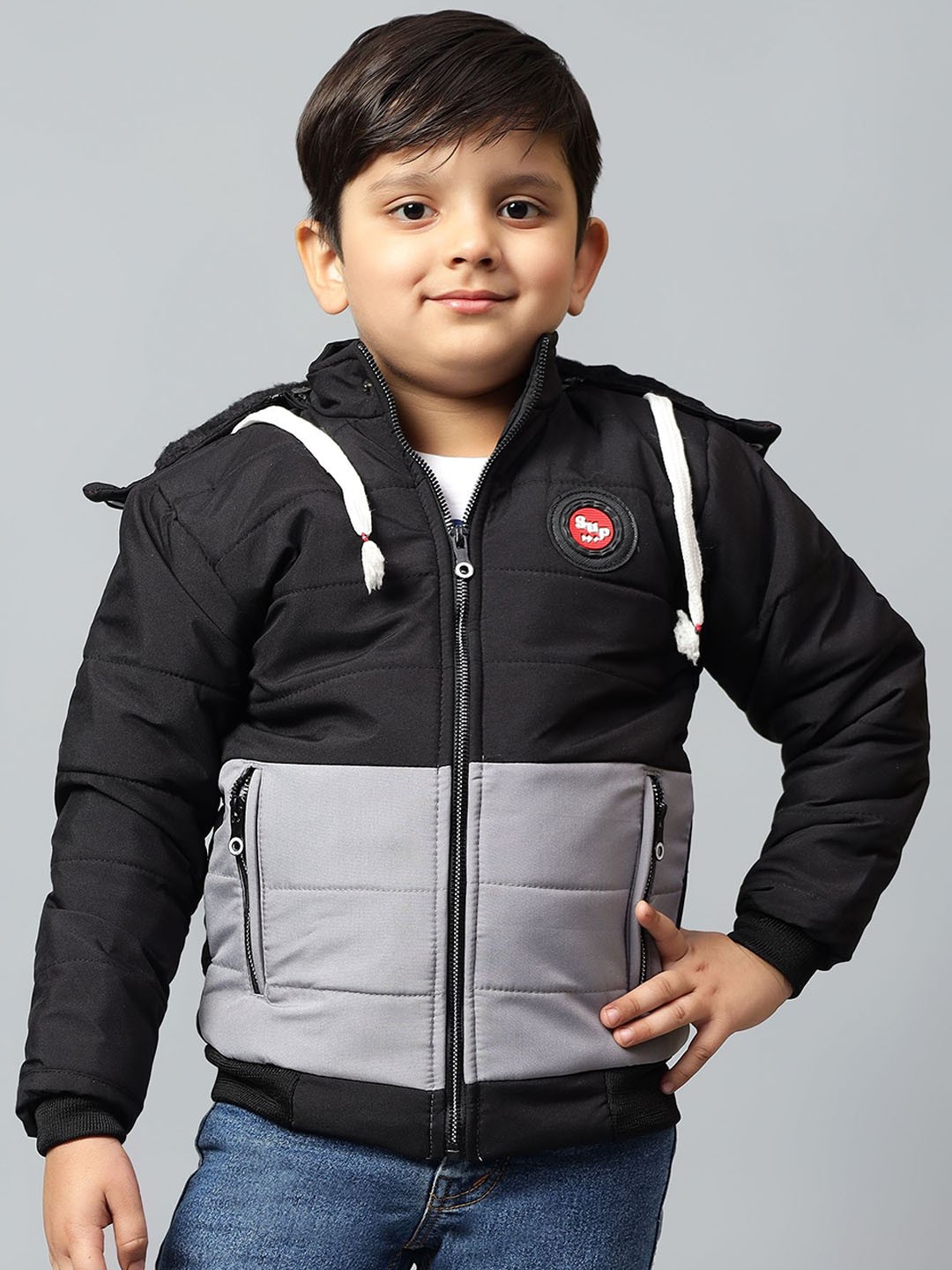 

BAESD Boys Colourblocked Crop Padded Jacket with Patchwork, Black