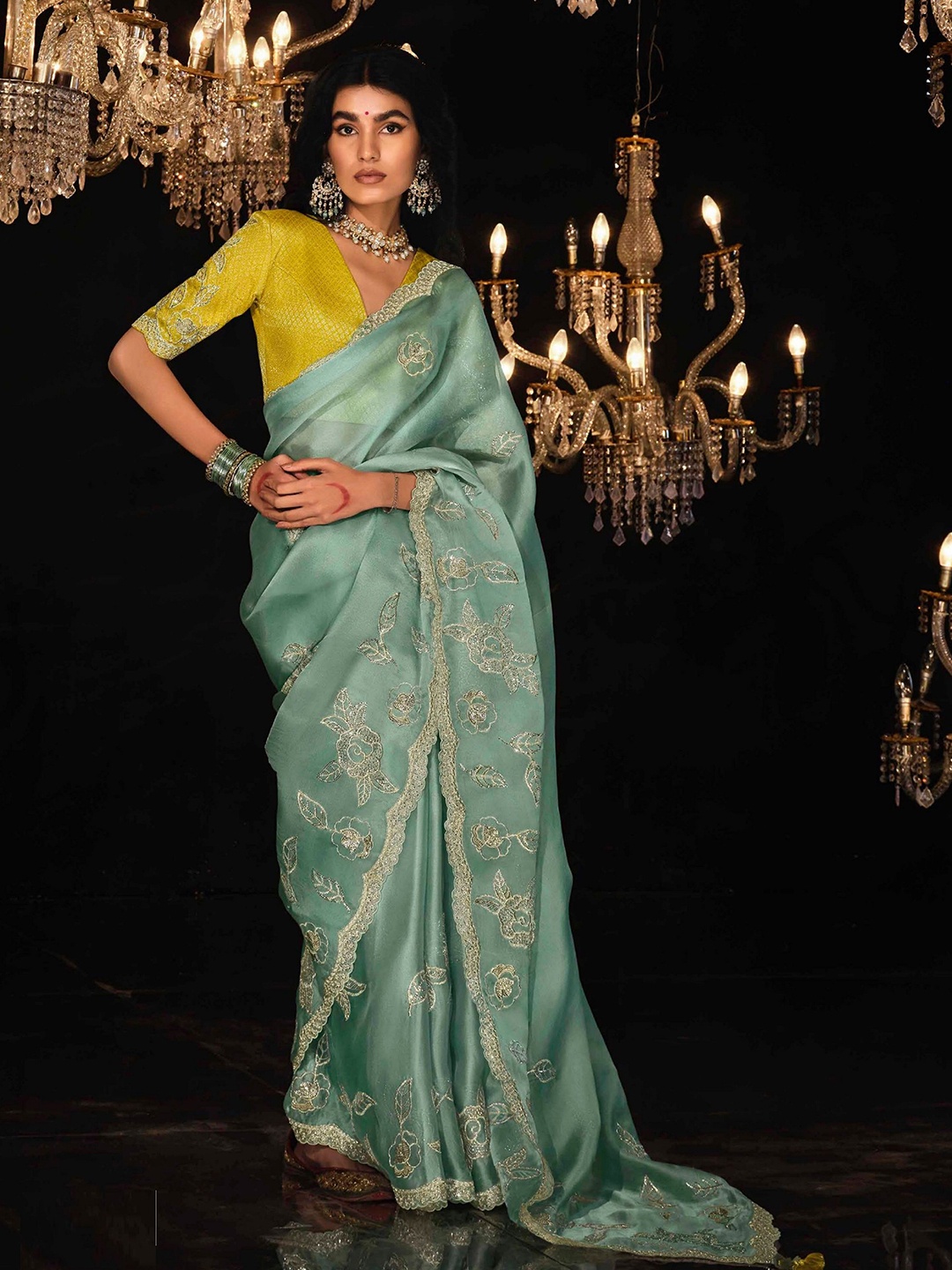 

MAHALASA Ethnic Motifs Embroidered Tissue Saree, Sea green