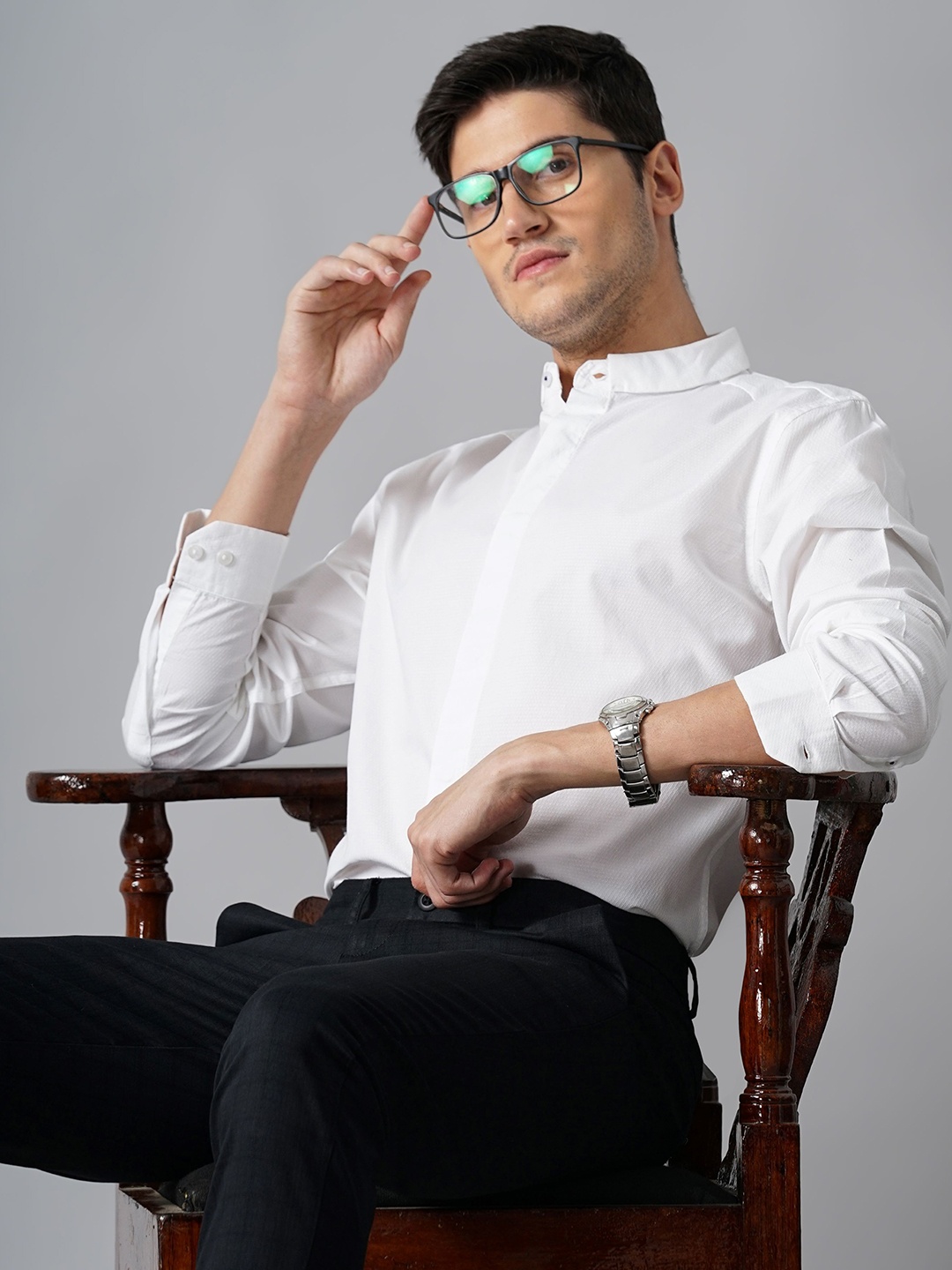 

British Club Men Classic Fit Band Collar Solid Cotton Slim Fit Formal Shirt, White
