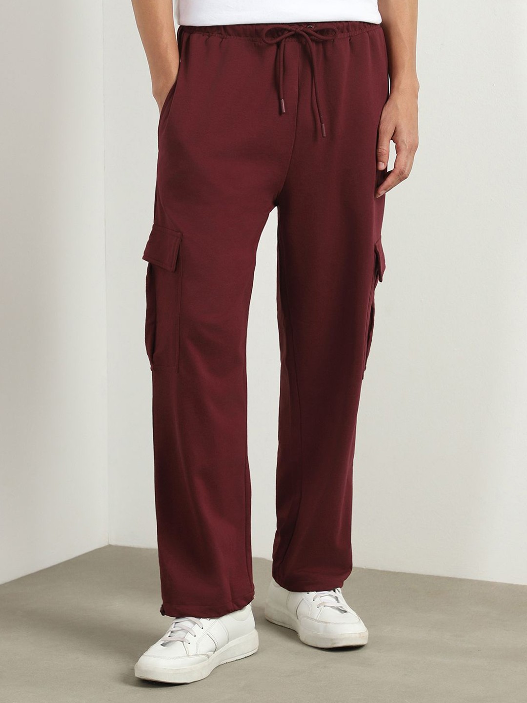

NOBERO Men Pure Cotton Relaxed-Fit Track Pants, Maroon