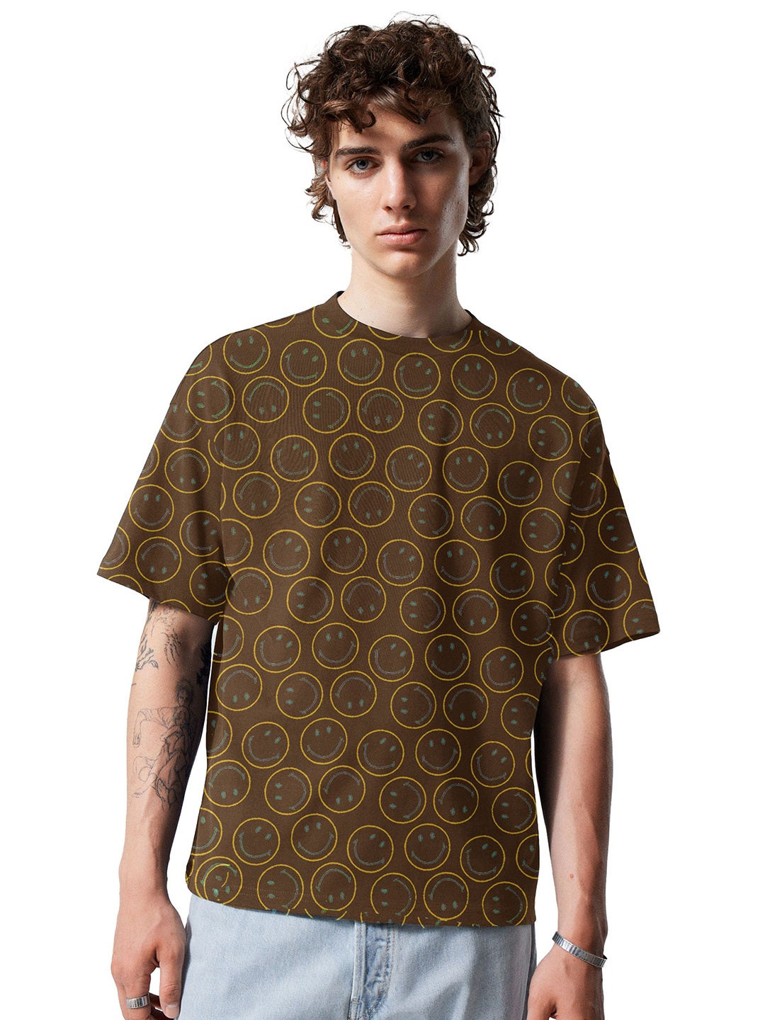

SONIBROS Men Printed Extended Sleeves Pockets T-shirt, Brown