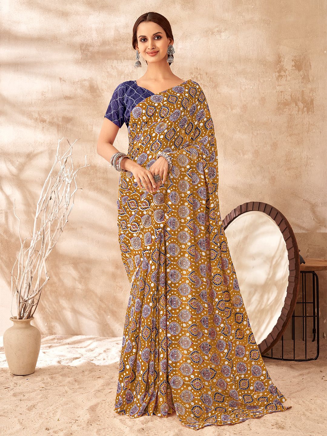 

SARHA Ajrak Block Pure Georgette Saree, Mustard