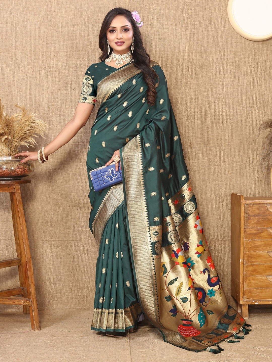 

Anaita Woven Design Zari Silk Blend Designer Paithani Saree, Green