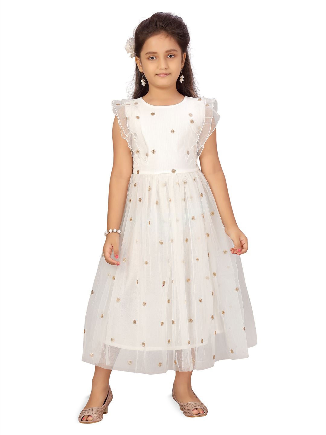 

HERE&NOW Floral Print Flutter Sleeve Net Fit & Flare Midi Dress, White