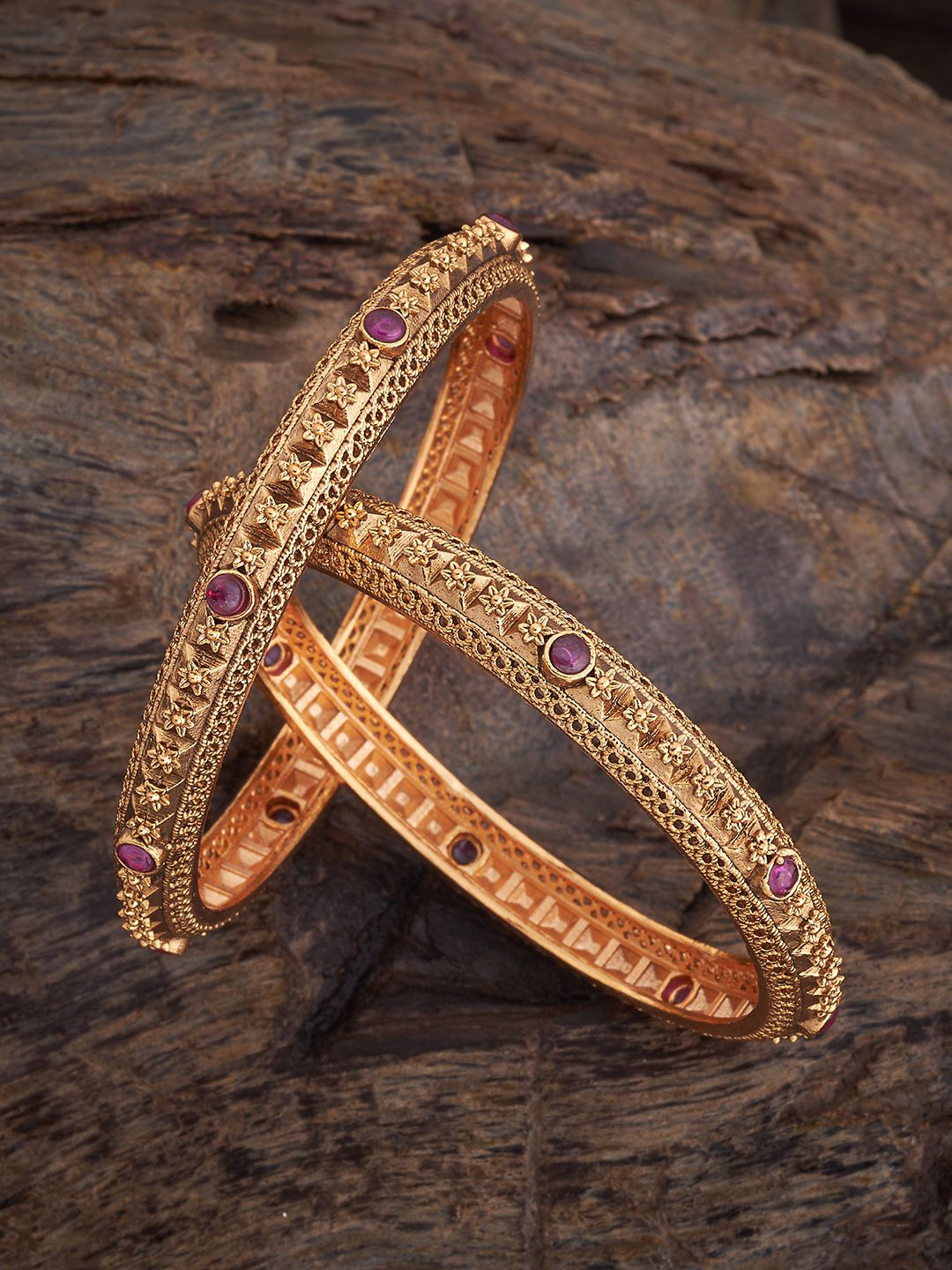 

Kushal's Fashion Jewellery Set Of 2 Gold-Plated Stone Studded Antique Bangles