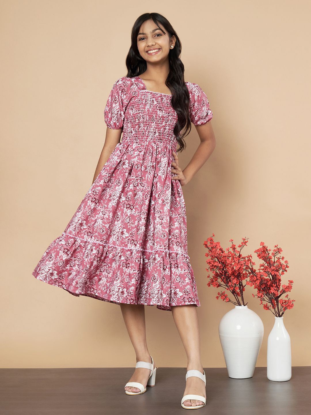 

OTABU Floral Print Puff Sleeve A-Line Midi Dress, Pink