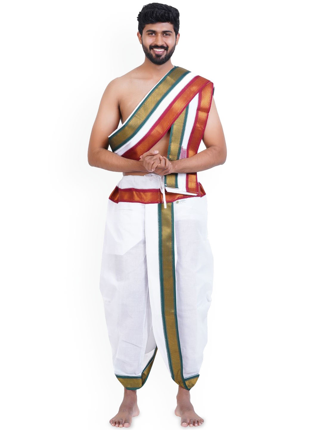 

Ethazh Mens Cotton 10 Mayilkan Border Solid White Panchakacham with Angavasthiram