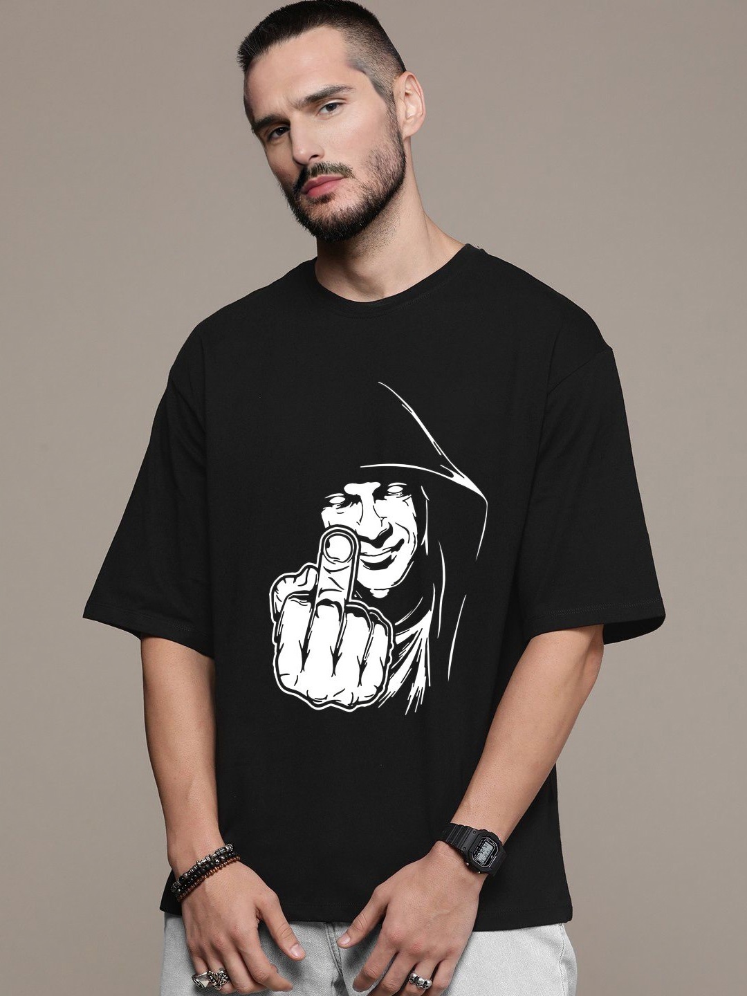 

Manlino Unisex Printed Drop-Shoulder Sleeves Applique T-shirt, Black